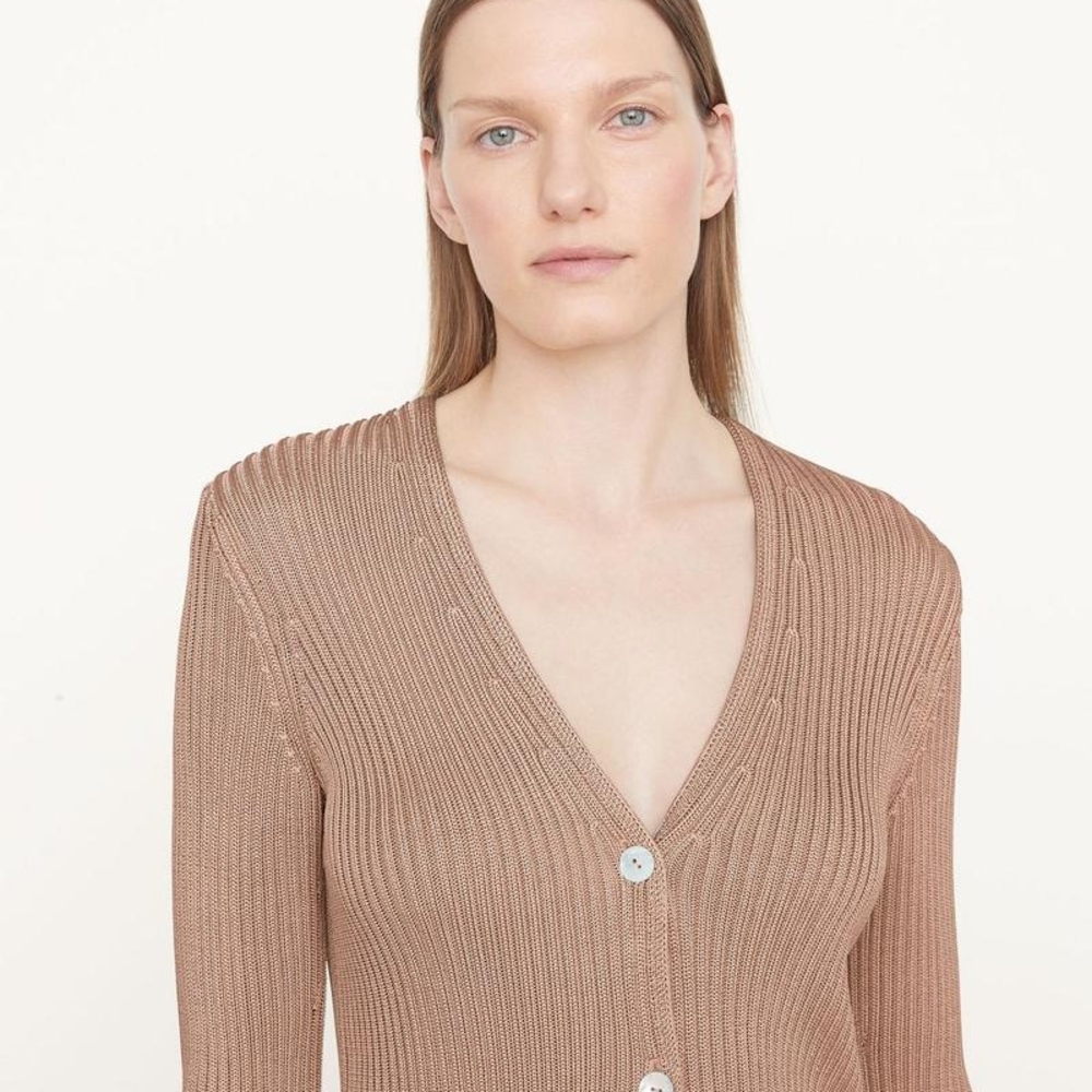 Vince Ribbed Button Up Cardigan In Chestnut Size 2X - Picture 4 of 9
